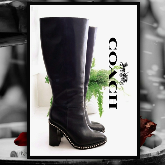 Coach Shoes - COACH Tall Justina Gold Stud Dress Boots